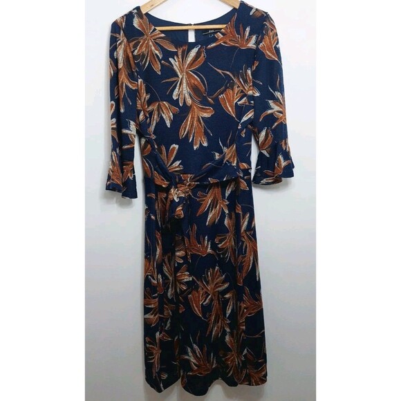 R&K Women's Size 14 Dress Midi Shift Blue Brown Floral Half Sleeve Fall - Picture 2 of 14